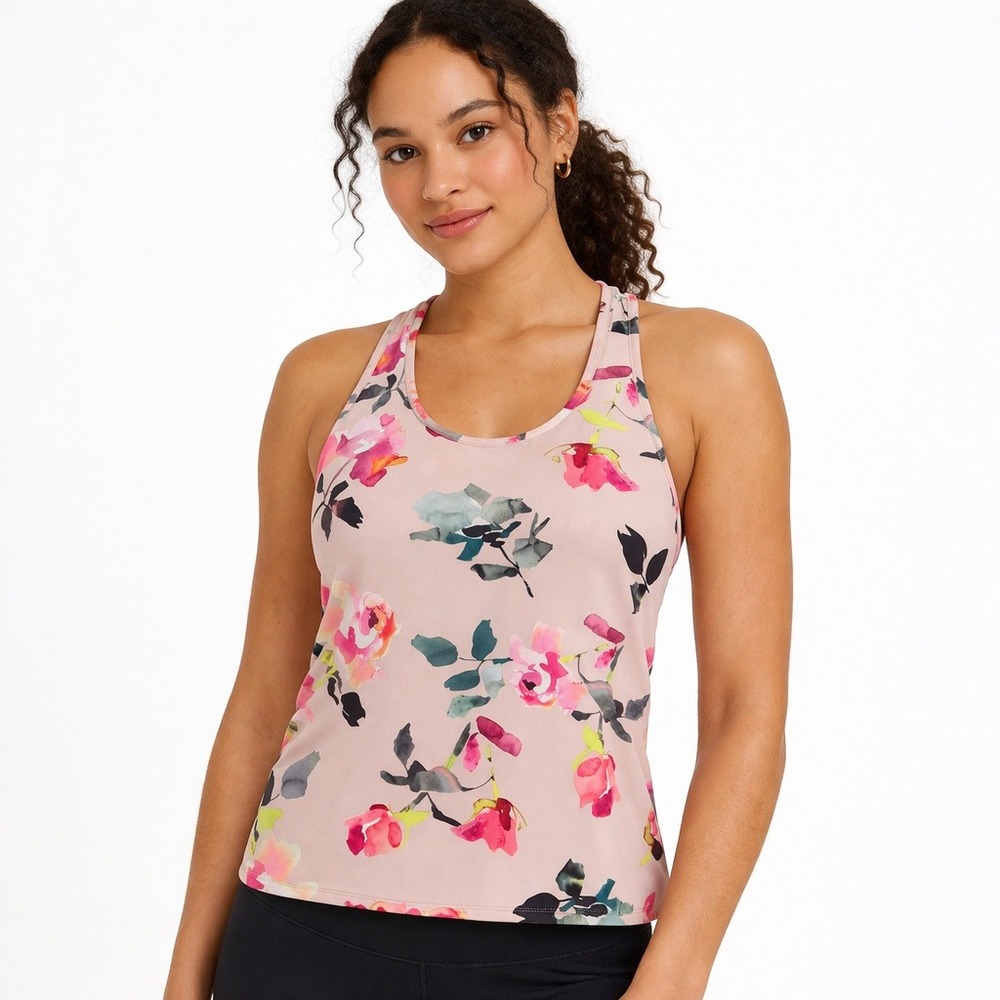 Athleta Pink‎ Floral Watercolor Racerback Tank Top Yoga Gym Activewear Size M